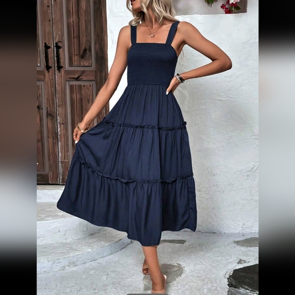 NEW Boho Flowy Smocked Tiered Ruffle Cami Dress Navy Blue - Picture 5 of 8